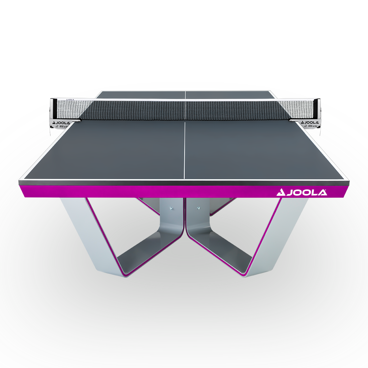 Moderner JOOLA Tischtennistisch mit schwarzer Spielfläche, lila Rand und innovativem Metallgestell.