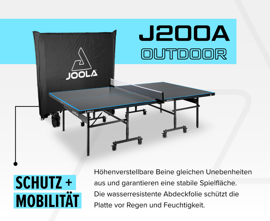 Outdoor-Tischtennisplatte Joola J200A mit höhenverstellbaren Beinen und wasserresistenter Abdeckfolie, schwarz mit blauen Linien.