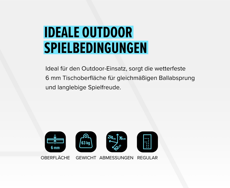 Ideale Outdoor-Spielbedingungen, wetterfeste 6 mm Tischoberfläche, 63 kg Gewicht, Maße 274x152x76 cm, Regular.