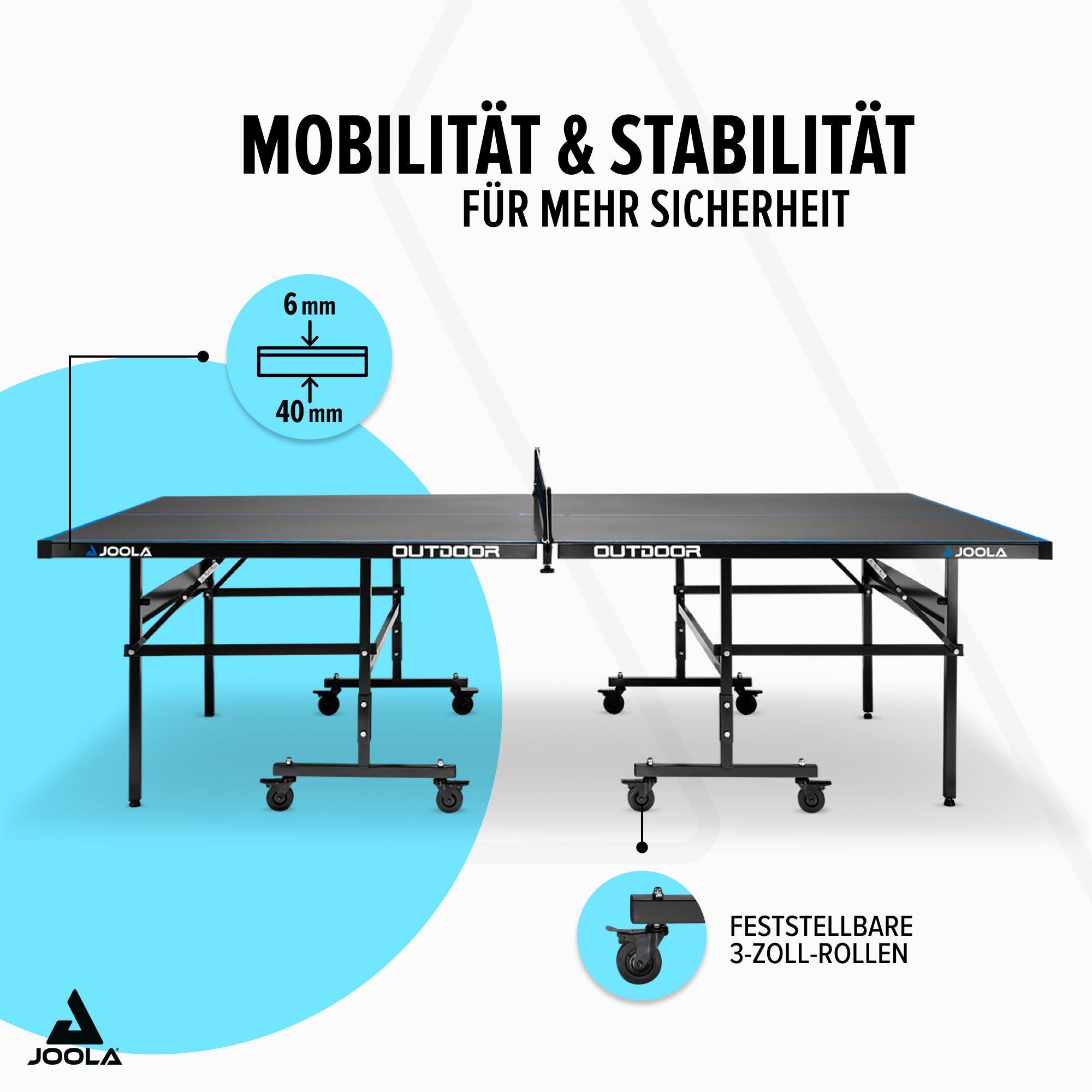 Outdoor-Tischtennisplatte JOOLA mit 6 mm starker Platte und feststellbaren 3-Zoll-Rollen für Mobilität und Stabilität.
