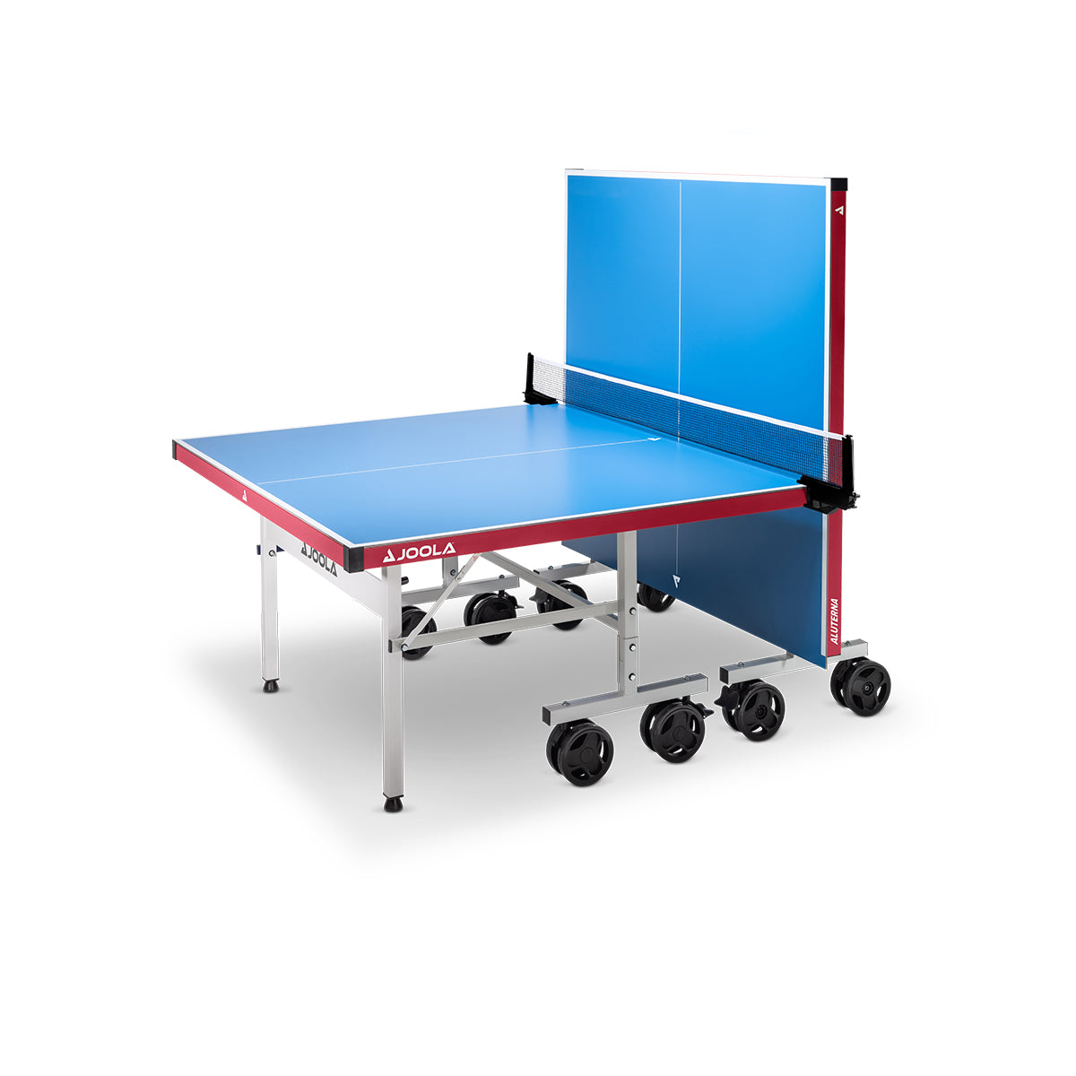 Blauer JOOLA Tischtennistisch mit klappbarer Spielfläche und schwarzen Rollen.