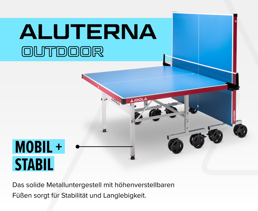 Outdoor-Tischtennisplatte Aluterna von Joola mit stabilem, höhenverstellbarem Metalluntergestell und großen Rollen.