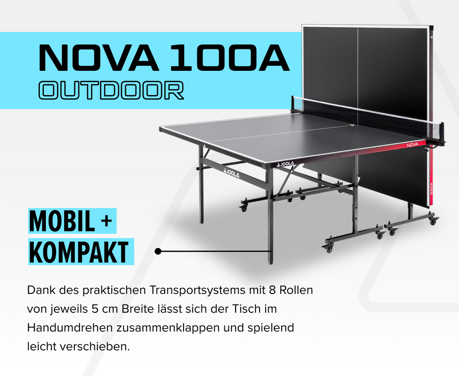 Tischtennisplatte JOOLA NOVA 100A Outdoor, mobil und kompakt mit 8 Rollen, zusammenklappbar und leicht verschiebbar.