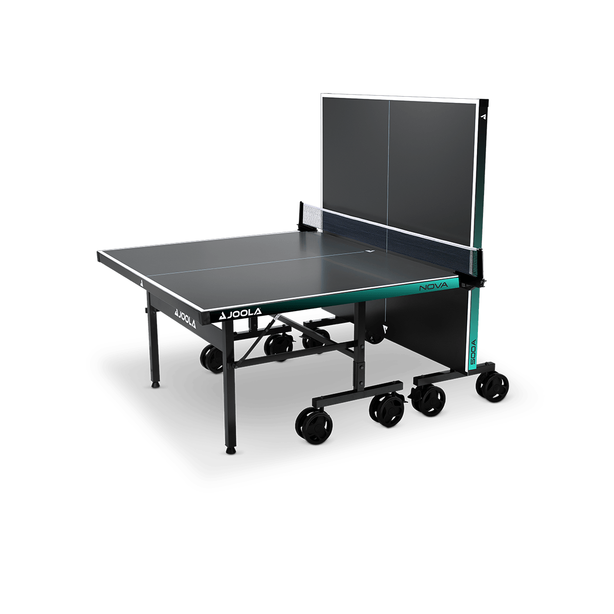 Klappbarer schwarzer JOOLA Tischtennistisch mit Netz und Rollen, halb aufgestellt.