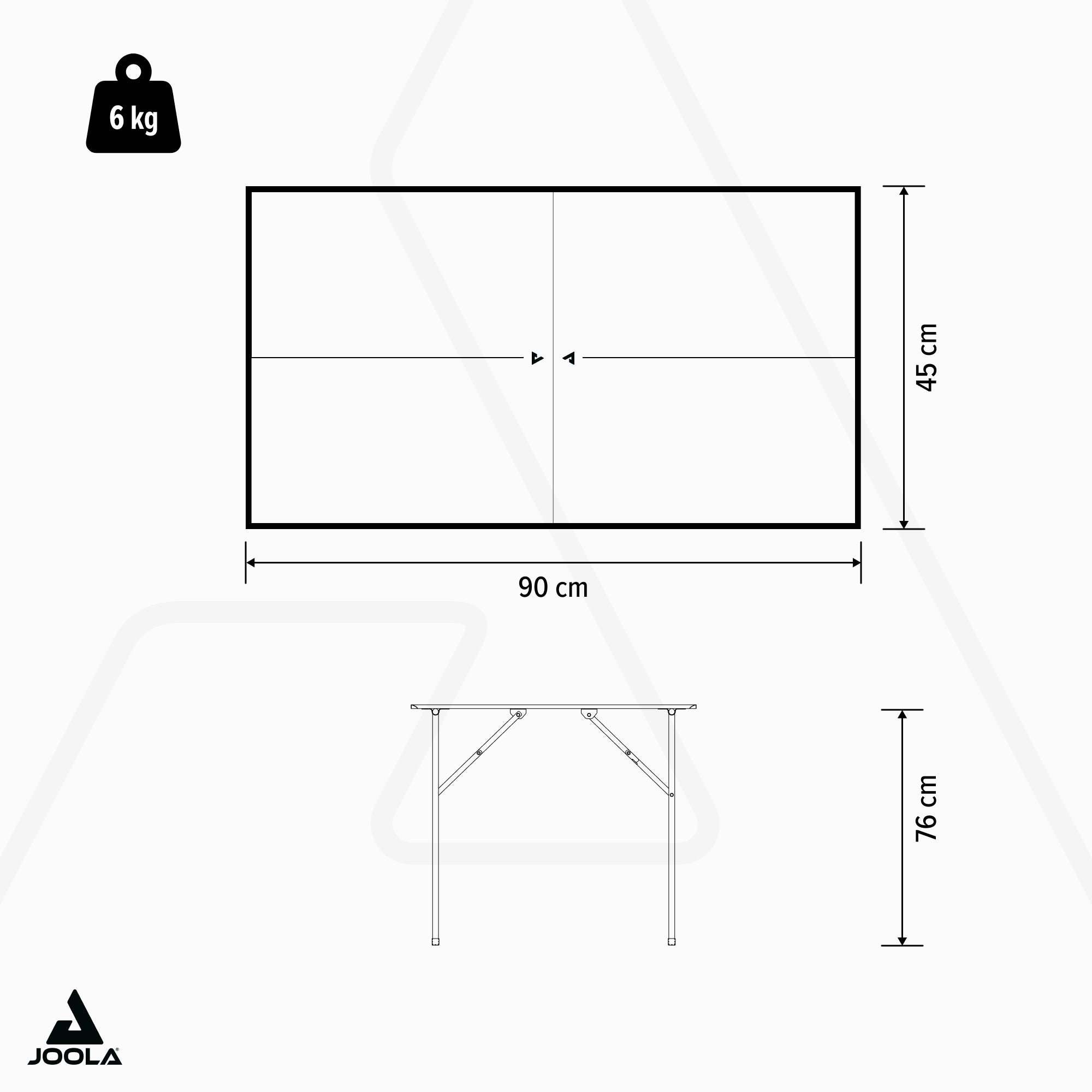 Skizze eines klappbaren Tisches mit den Maßen 90 x 45 x 76 cm und einem Gewicht von 6 kg.