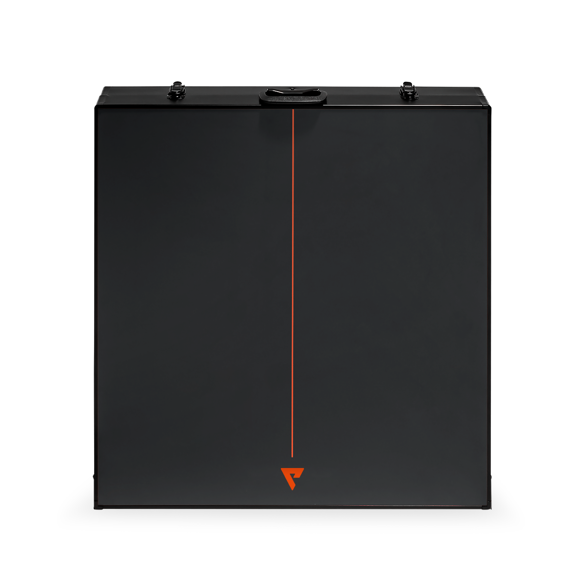 Schwarzer, kompakter Koffer mit rotem Streifen und Logo, geschlossene Frontansicht.