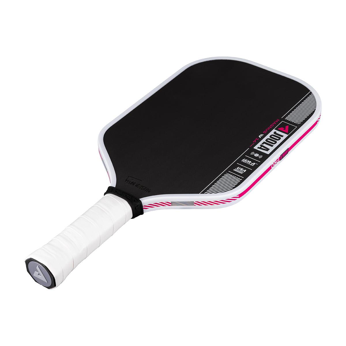 Pickleball-Schläger mit schwarzer Schlagfläche, weißem Griff und pink-weißen Designelementen.