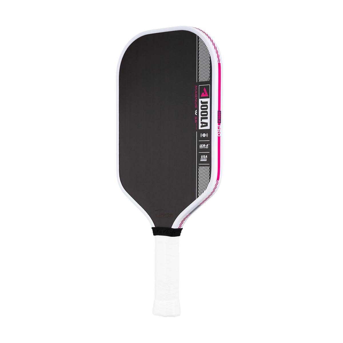 Schwarzer JOOLA Magnus V 46 mm Pickleball-Schläger mit weißem Griff und pink-weißen Akzenten.