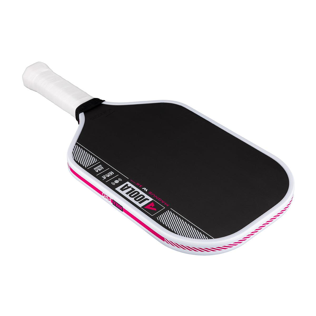 Schwarzer JOOLA Pickleball-Schläger mit weißem Griff und pink-weißer Umrandung.