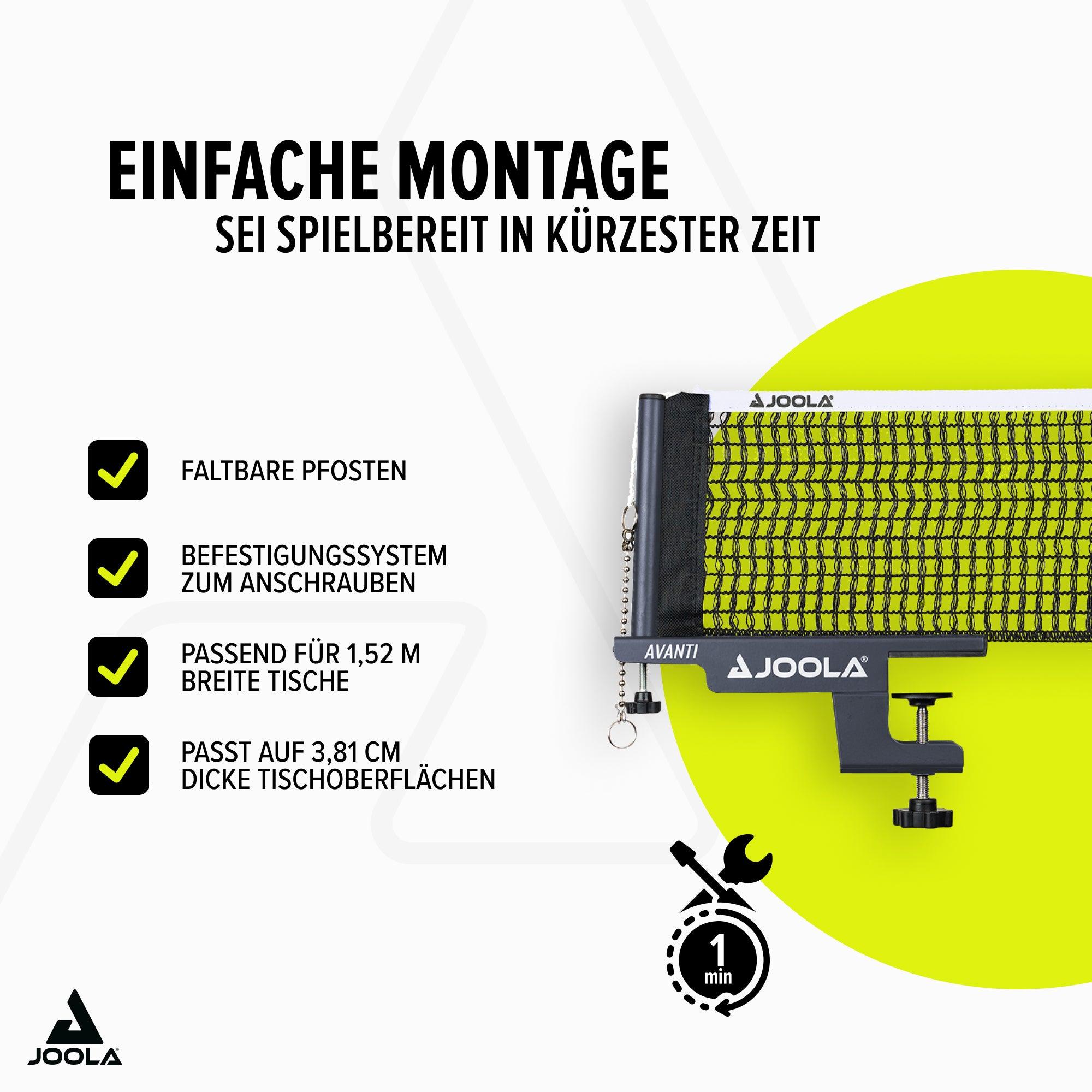 Joola Tischtennisnetz mit klappbaren Pfosten und Schraubbefestigung, passend für 1,52 m breite Tische und bis zu 3,81 cm dicke Tischoberflächen.
