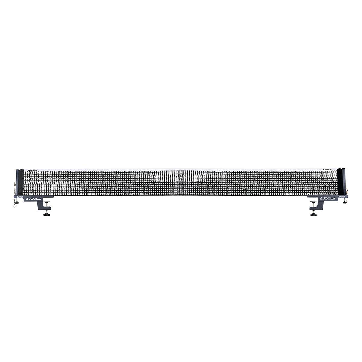 Tischtennisnetz mit Halterungen, schwarz und weiß, auf weißem Hintergrund.