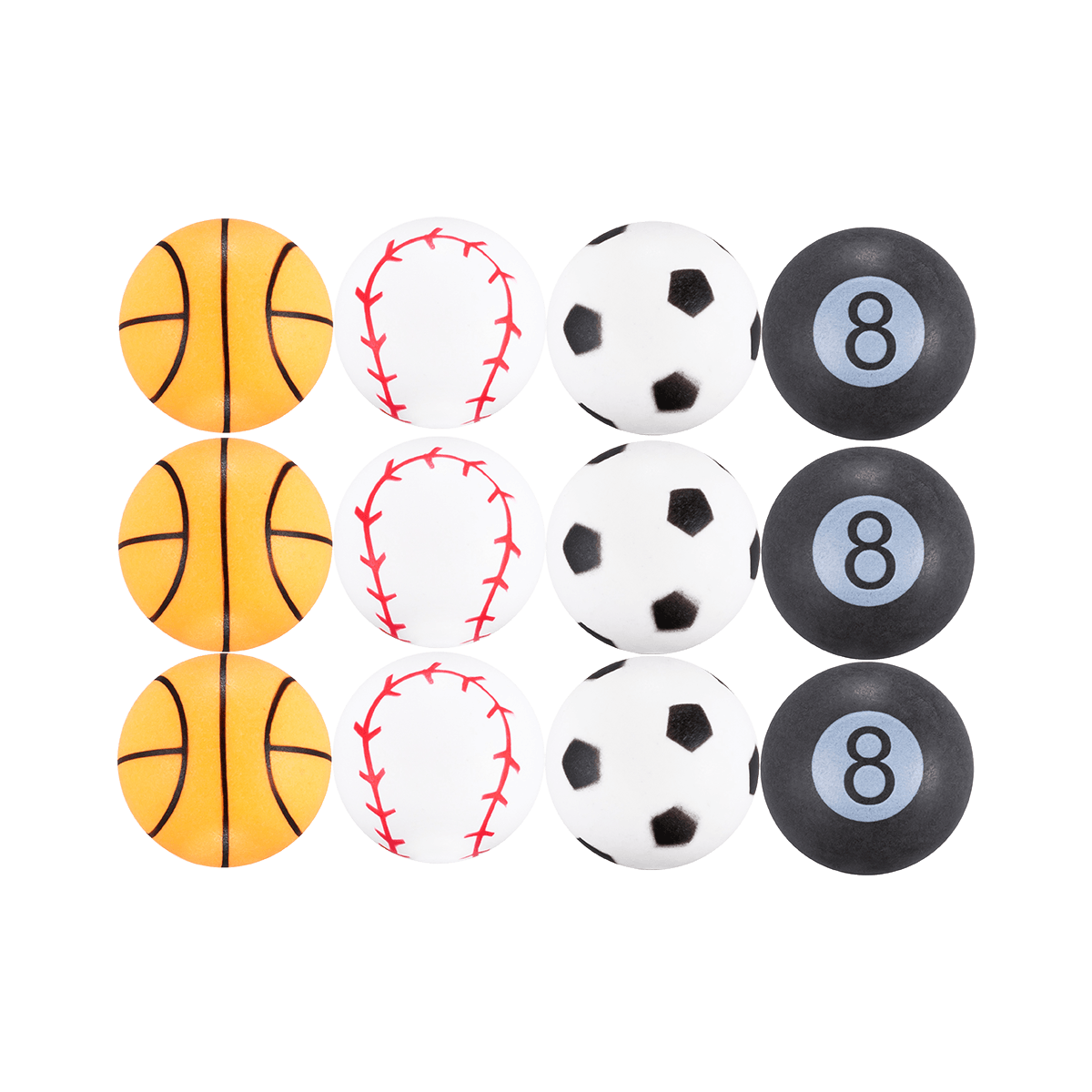 Vier Reihen mit jeweils drei Bällen in den Designs Basketball, Baseball, Fußball und Billardkugel Nummer 8.