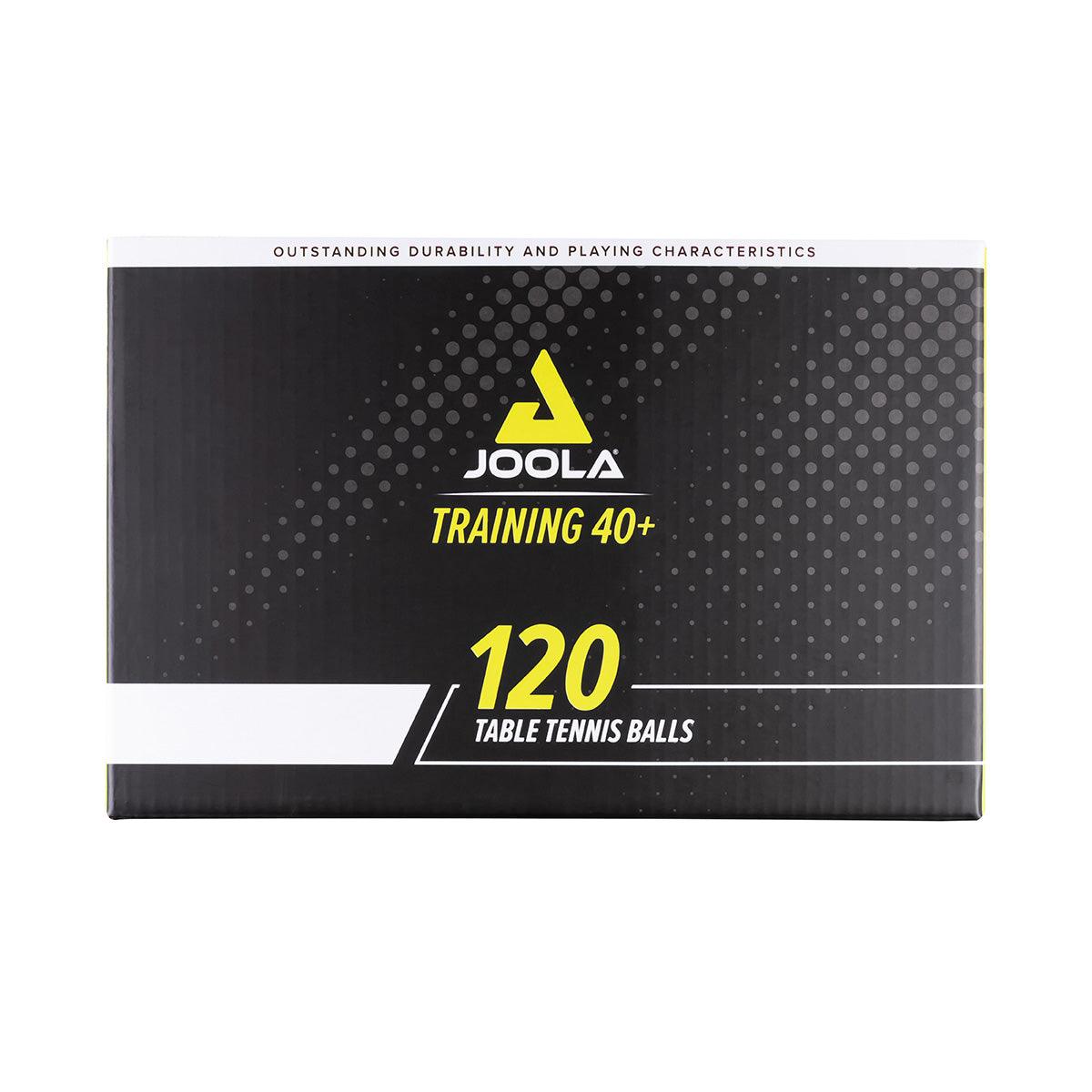 Schwarze Verpackung mit gelber Aufschrift für 120 JOOLA Training 40+ Tischtennisbälle.