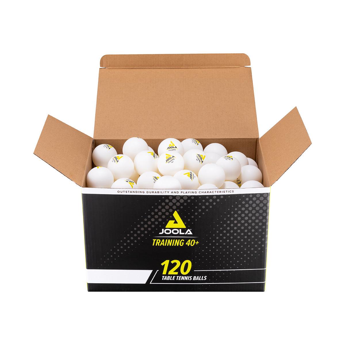 Offene Verpackung mit 120 weißen JOOLA Training 40+ Tischtennisbällen.