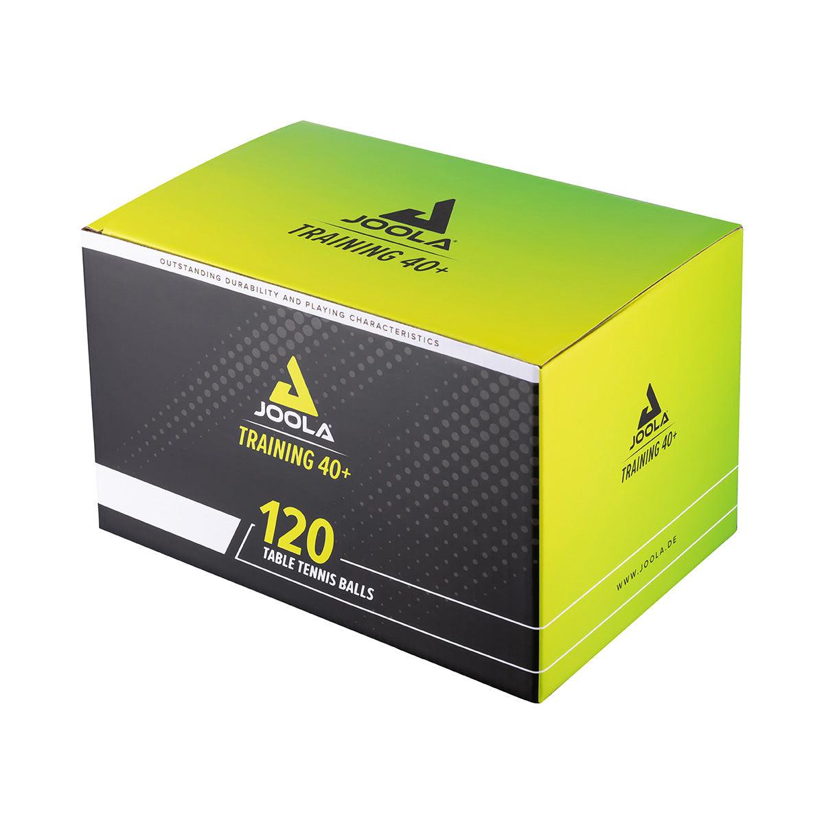 Kartonschachtel mit 120 Joola Training 40+ Tischtennisbällen, grün-gelb und schwarz.