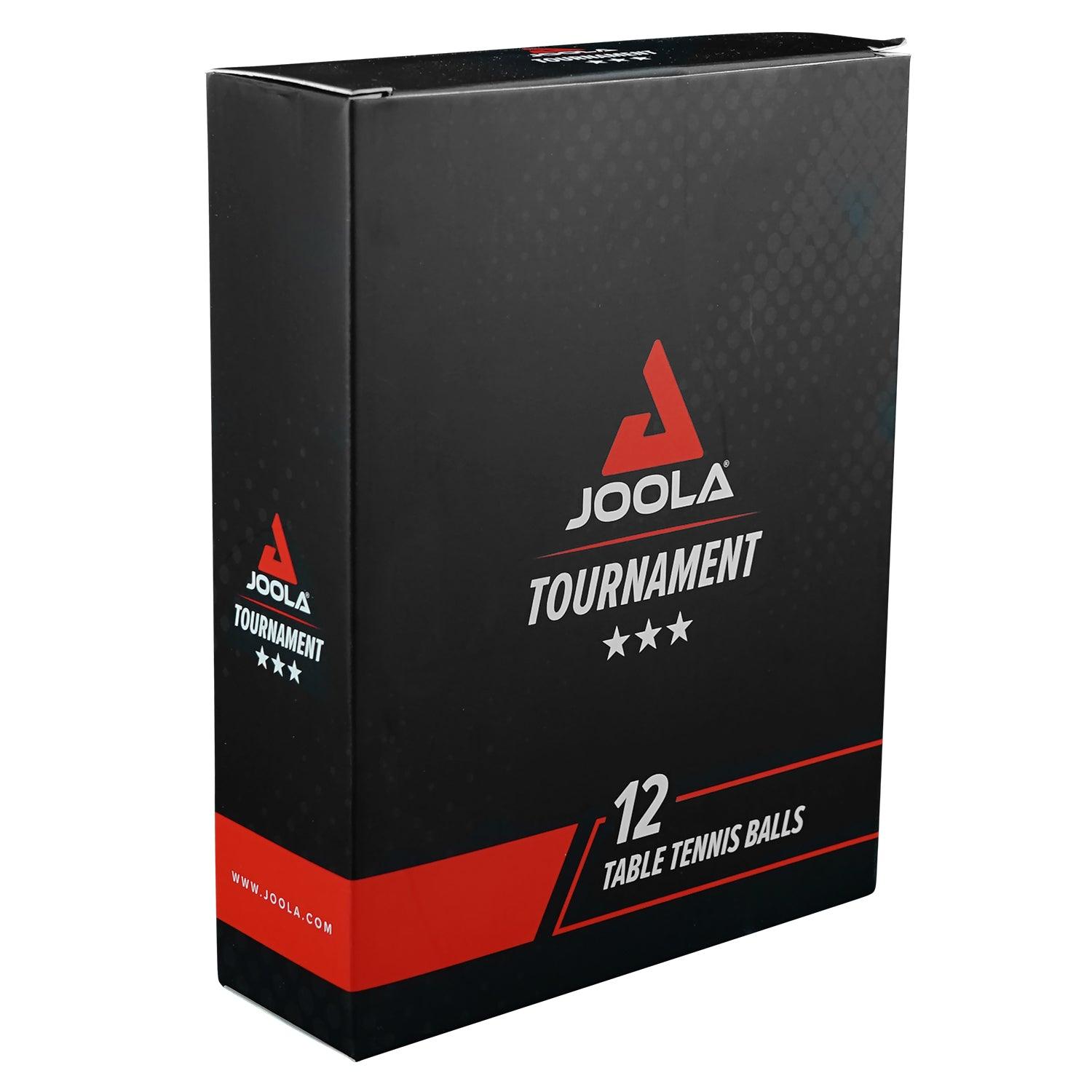 Schwarze Verpackung mit rotem Akzent, JOOLA Tournament, 12 Tischtennisbälle.