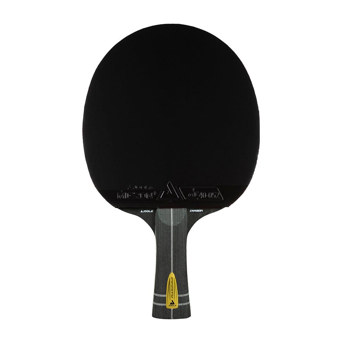 Schwarzer Tischtennisschläger mit grauem Griff und gelber Markierung.