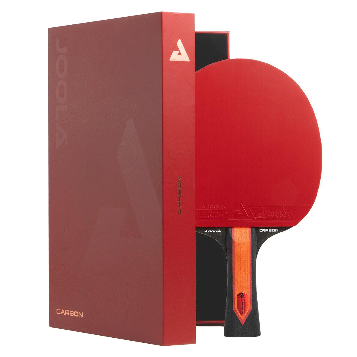 Rotes JOOLA Carbon Tischtennisschläger-Set mit Schläger und passender Geschenkbox.