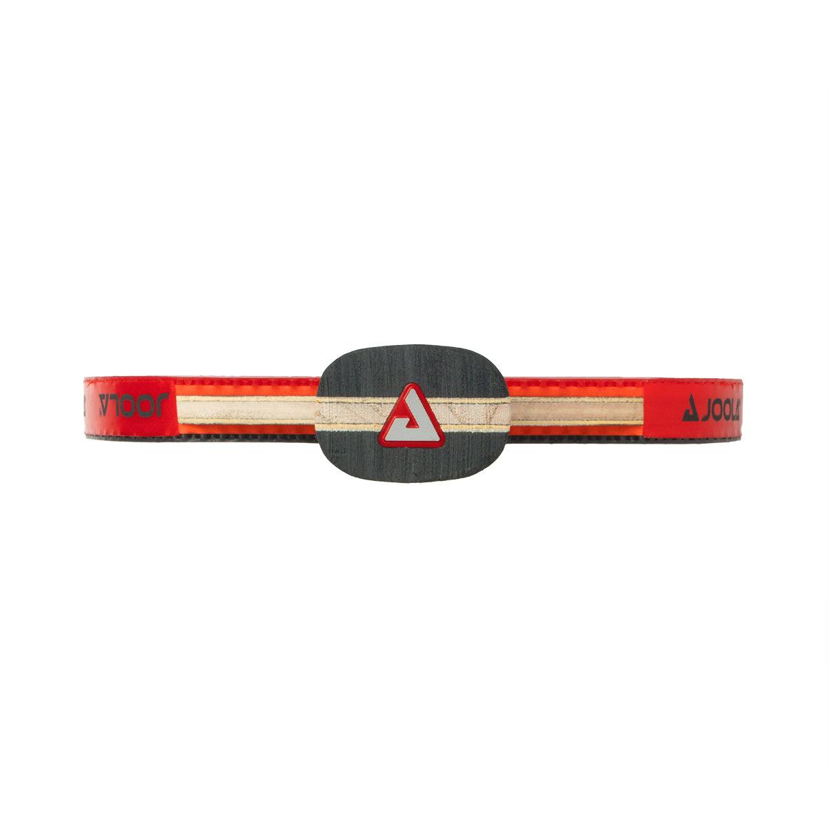 Schwarzer und roter Tischtennisschlägergriff mit JOOLA-Logo, isoliert auf weißem Hintergrund.