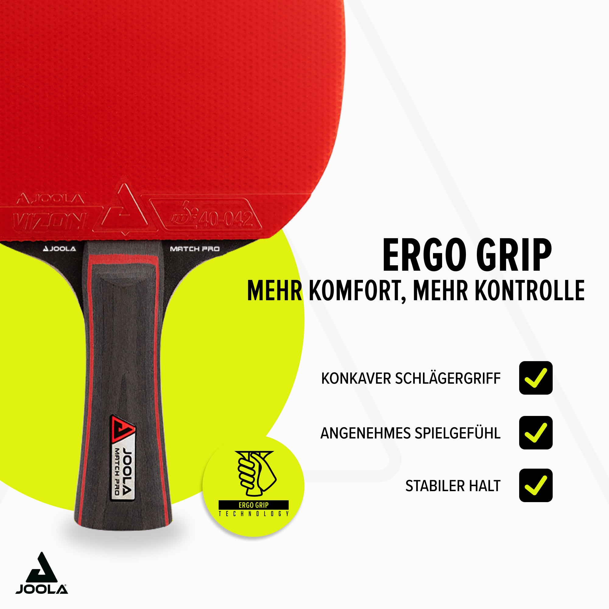 Tischtennisschläger JOOLA Match Pro mit rotem Belag und ergonomischem, konkav geformtem Griff.