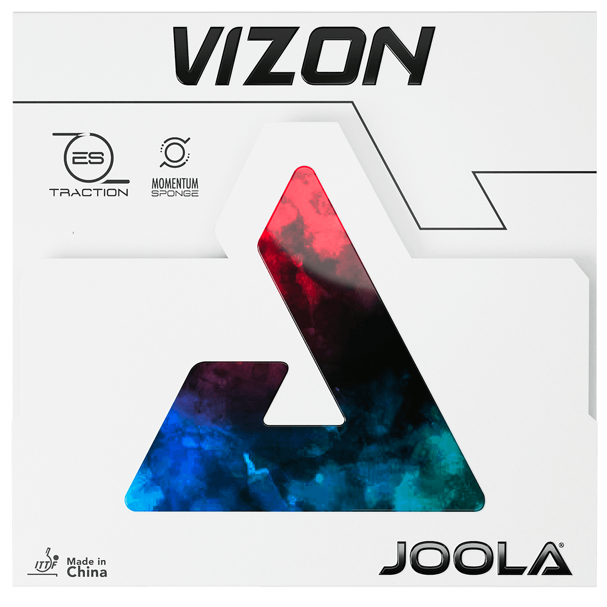 Verpackung des JOOLA Vizon Tischtennisbelags mit farbigem Dreieck-Design und Logos.