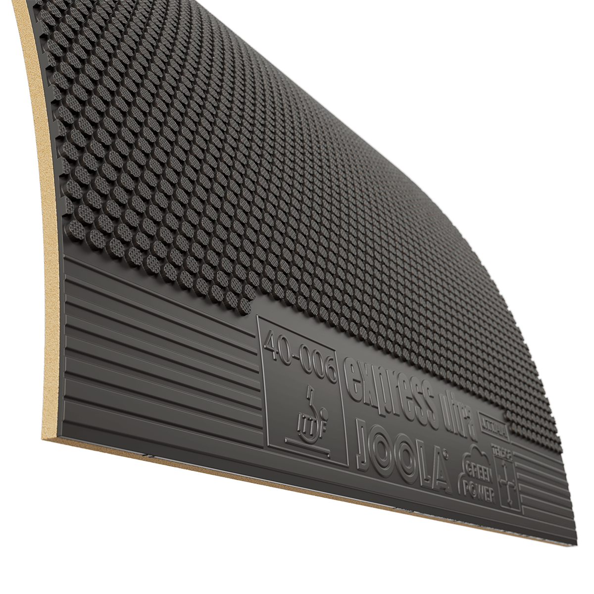 Nahaufnahme eines schwarzen, genoppten Tischtennisbelags mit der Beschriftung „express ultra JOOLA“.