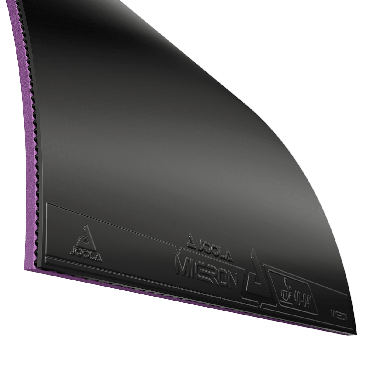 Tischtennisbelag JOOLA Micron schwarz mit lila Schwamm, Nahaufnahme.
