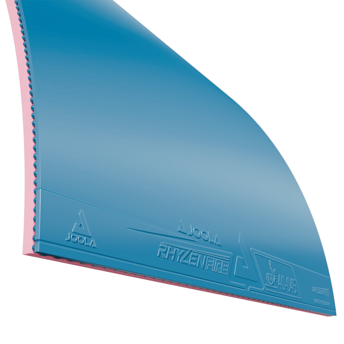 Blauer JOOLA Rhyzenfire Tischtennisbelag mit rotem Schwamm, Nahaufnahme.