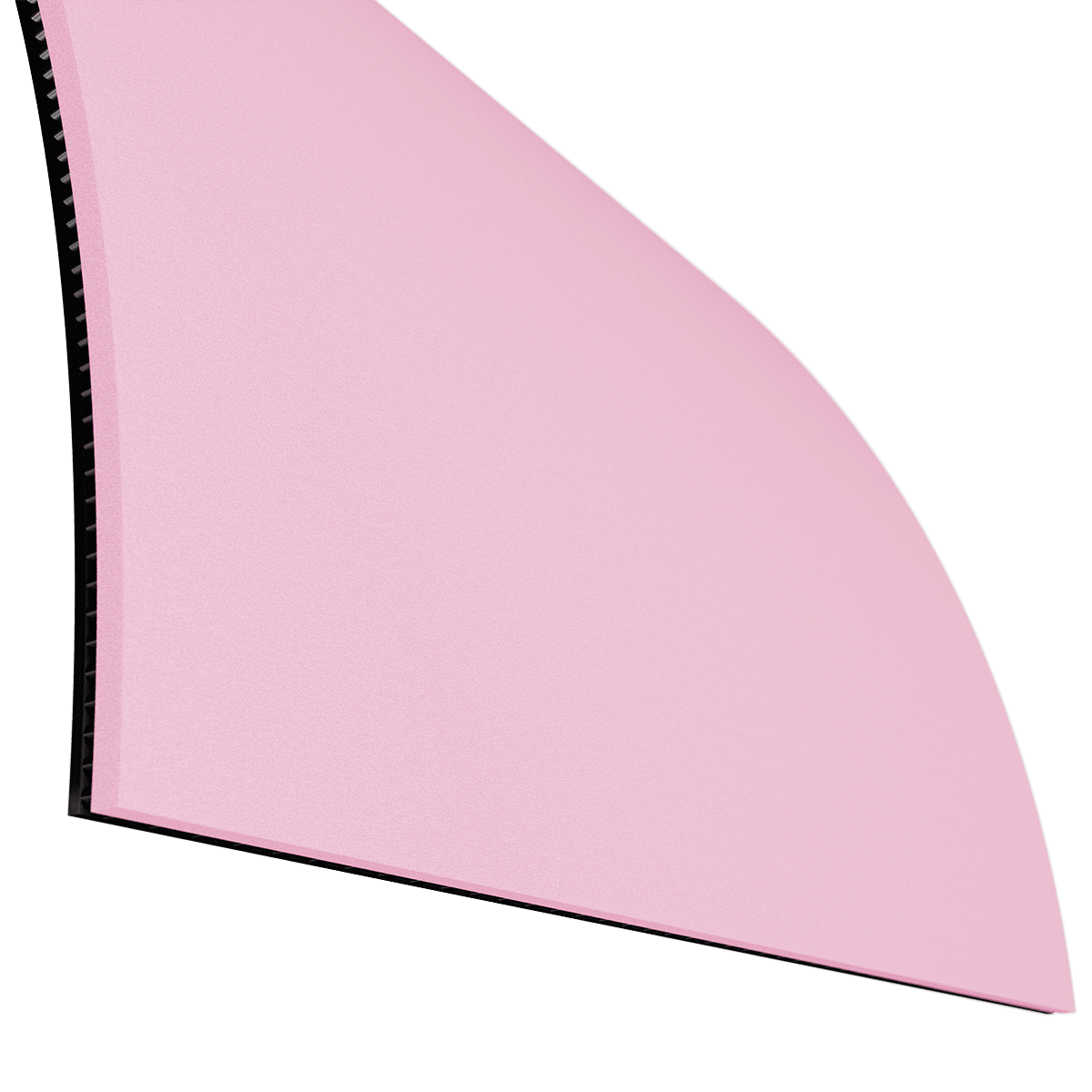 Ecke eines rosa Mousepads mit schwarzer Unterseite.