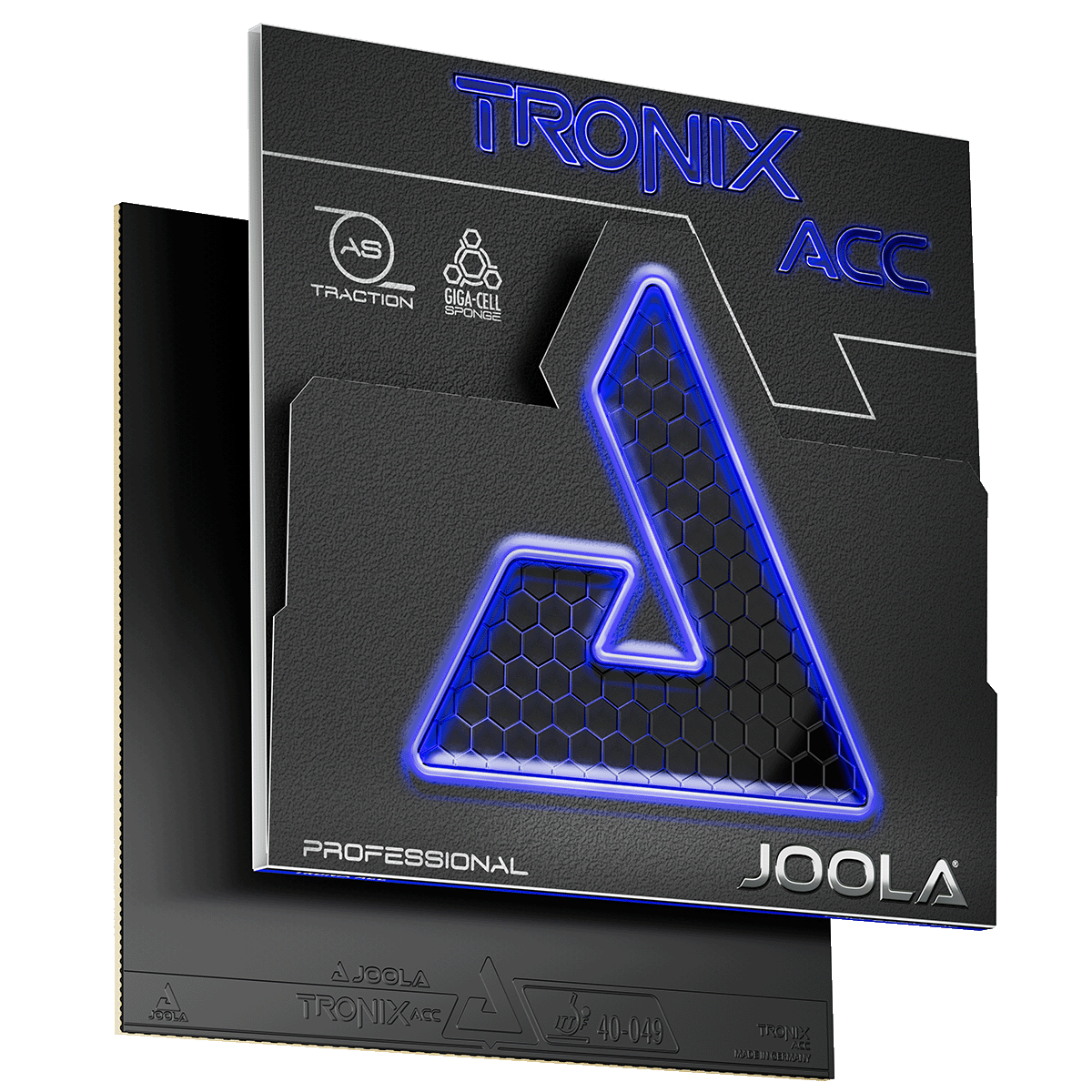 JOOLA Tischtennisbelag Tronix ACC Professional in schwarzer Verpackung mit blauem Neon-Design.