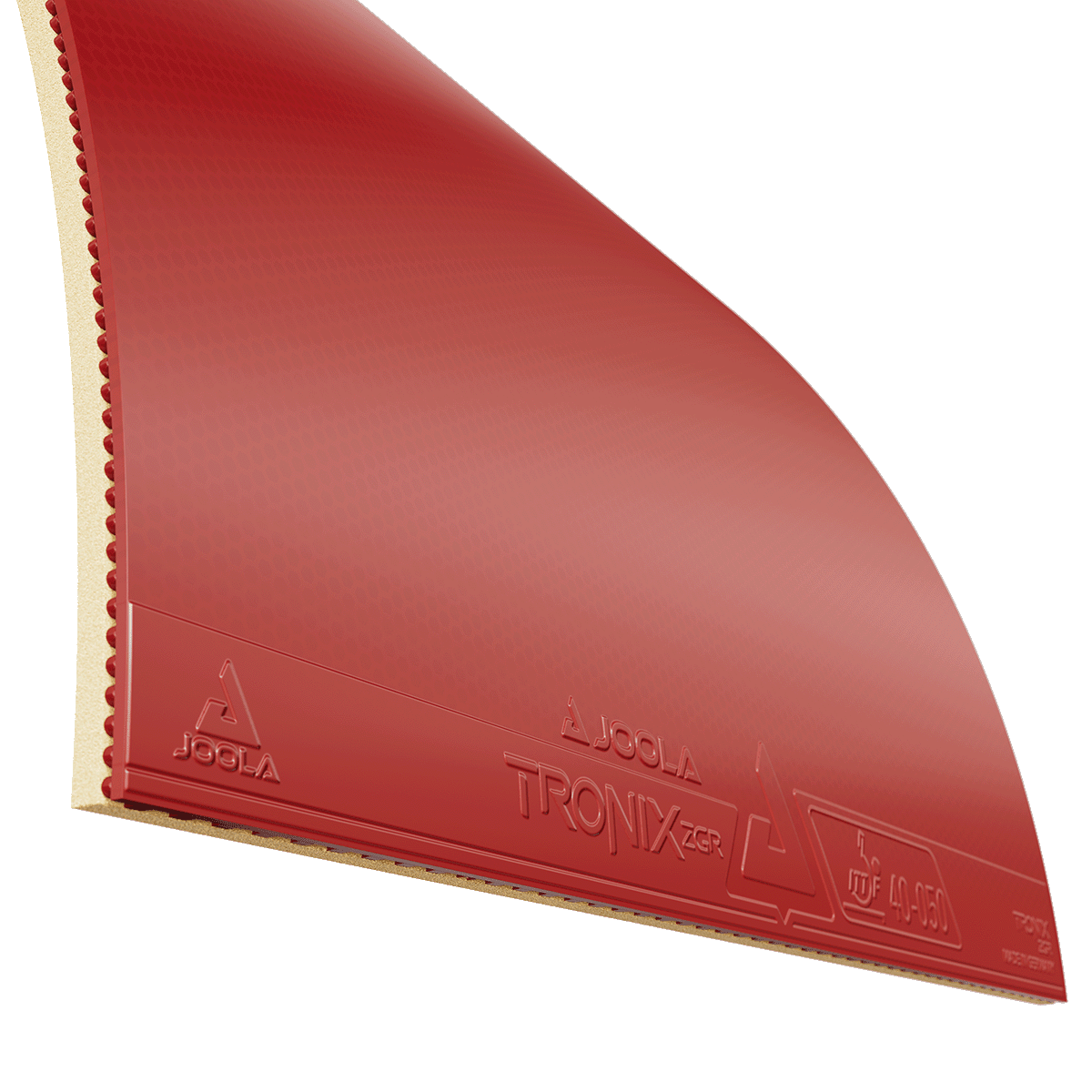 Roter JOOLA Tronix Tischtennisbelag mit Noppenstruktur und Schwammunterseite.