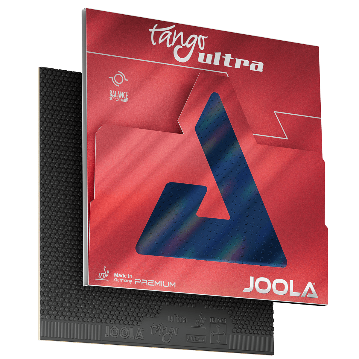 Tischtennisbelag JOOLA Tango Ultra in schwarzer Farbe mit roter Verpackung.