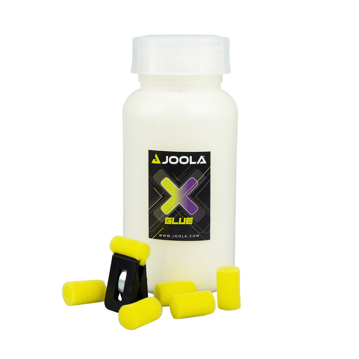 Flasche mit JOOLA X Glue Kleber und gelben Schwammapplikatoren.