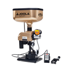 JOOLA Robot Shorty Tischtennisballmaschine in Gold mit Steuergerät und Halterung auf weißem Hintergrund.