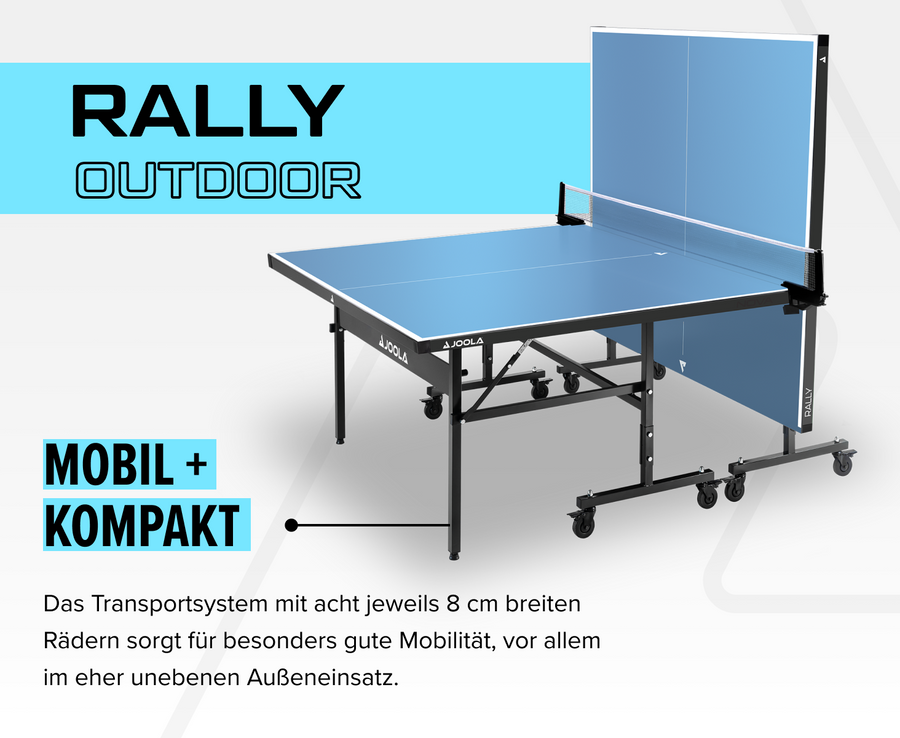 Tischtennisplatte Rally Outdoor von Joola, mobil und kompakt mit acht 8 cm breiten Rädern für unebenen Außeneinsatz.