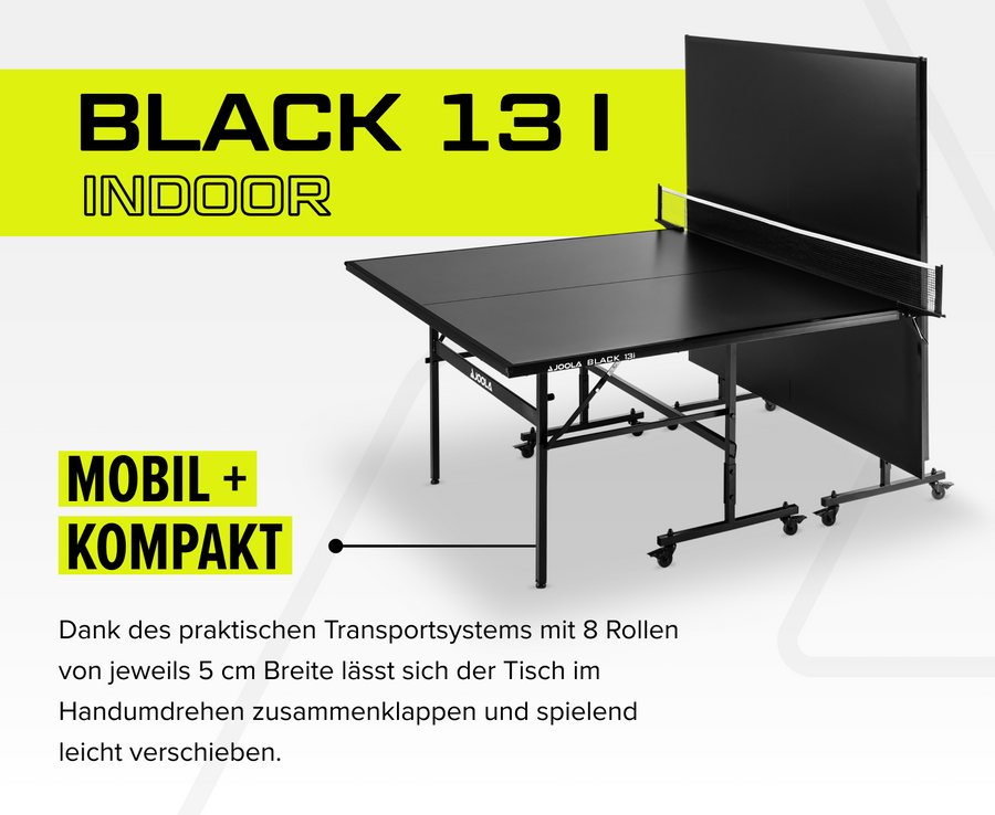 Schwarzer JOOLA BLACK 13i Indoor-Tischtennistisch, mobil und kompakt mit 8 Rollen, klappbar und leicht verschiebbar.