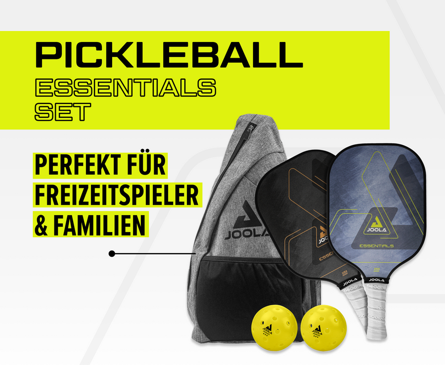 Pickleball Set mit 2 Schlägern, 2 gelben Bällen und grauem Rucksack, ideal für Freizeitspieler und Familien.