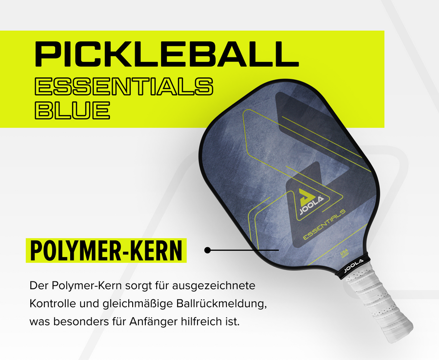 Pickleball-Schläger Essentials Blue mit Polymer-Kern für bessere Kontrolle und gleichmäßige Ballrückmeldung, ideal für Anfänger.