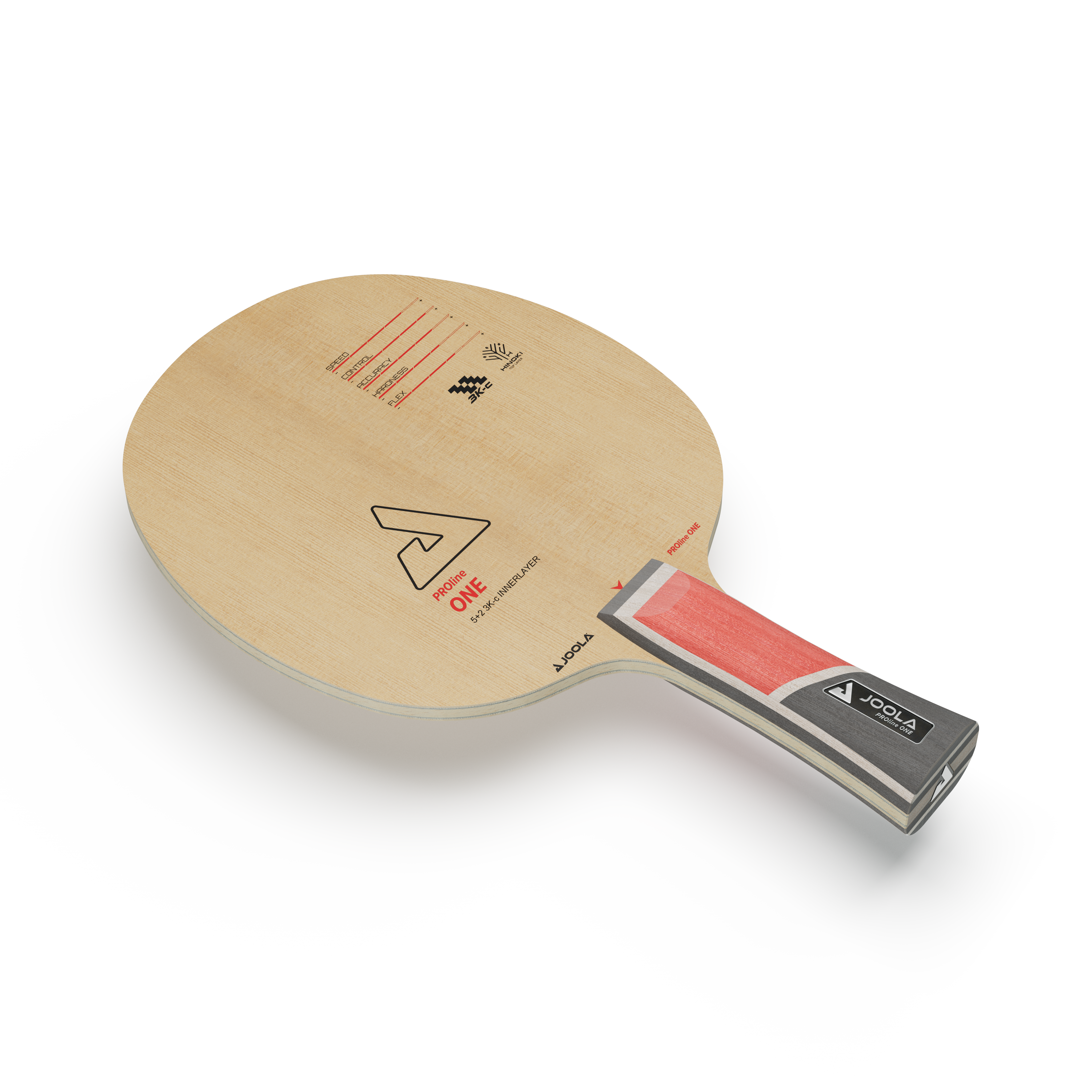 Tischtennisschläger JOOLA ProLine ONE mit Holzgriff und 5+2 K-C Innerlayer, naturfarbene Schlagfläche.